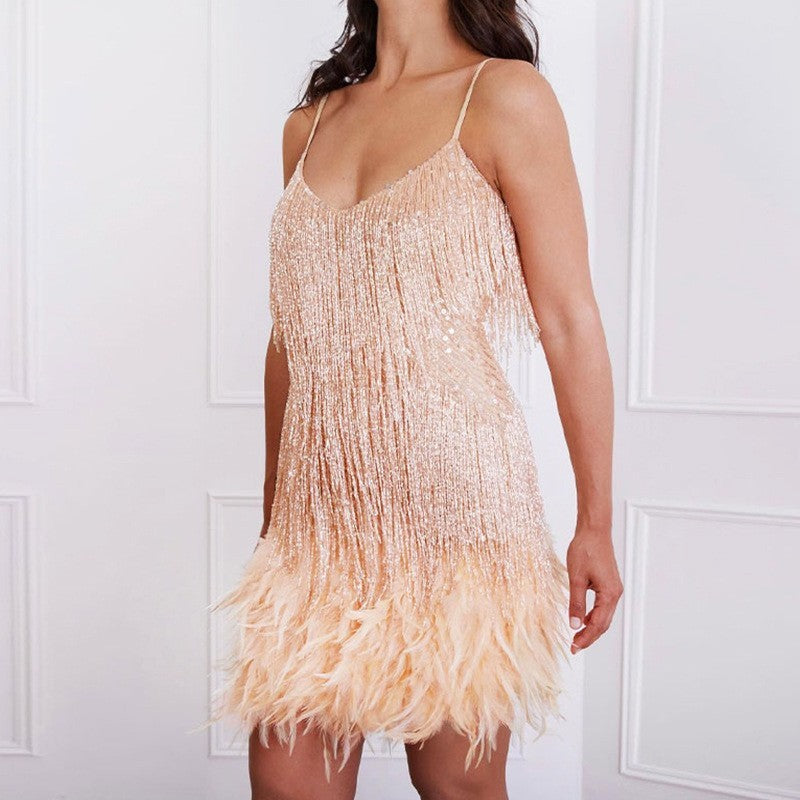 Tassel Sequin Feather Design Sleeveless V-Neck Spaghetti Strap Formal Mini Party Dress to 3X Plus Size