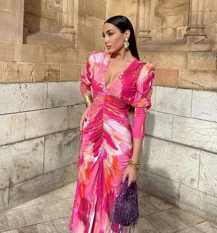 Ruched Pleated Floral Print Deep V-Neck Long Sleeve Maxi Dress