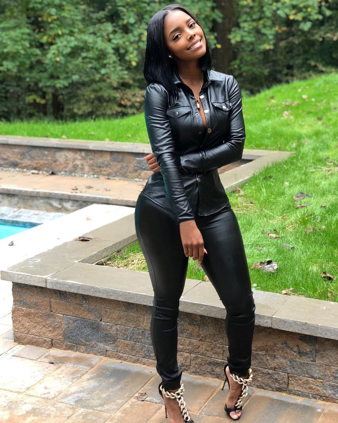 PU Leather Double Pocket Design Women's Solid Color Long Sleeve Button-Up Blouse + Skinny Pants 2-Piece Set to 3X Plus Size