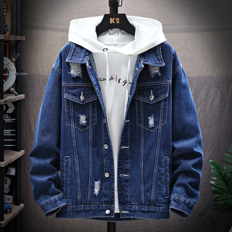 Men's Denim Ripped Gradient/Solid Loose Hip-Hop Button-Up Jean Jacket