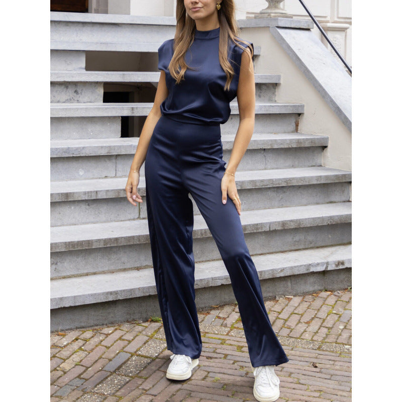 Backless Solid Color Casual Sleeveless Straight Leg Women's Jumpsuit