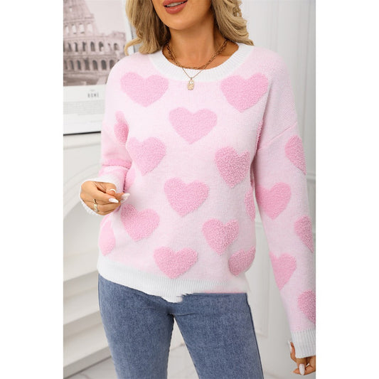 Heart Print Pullover Jacquard Long Sleeve Women's Sweater