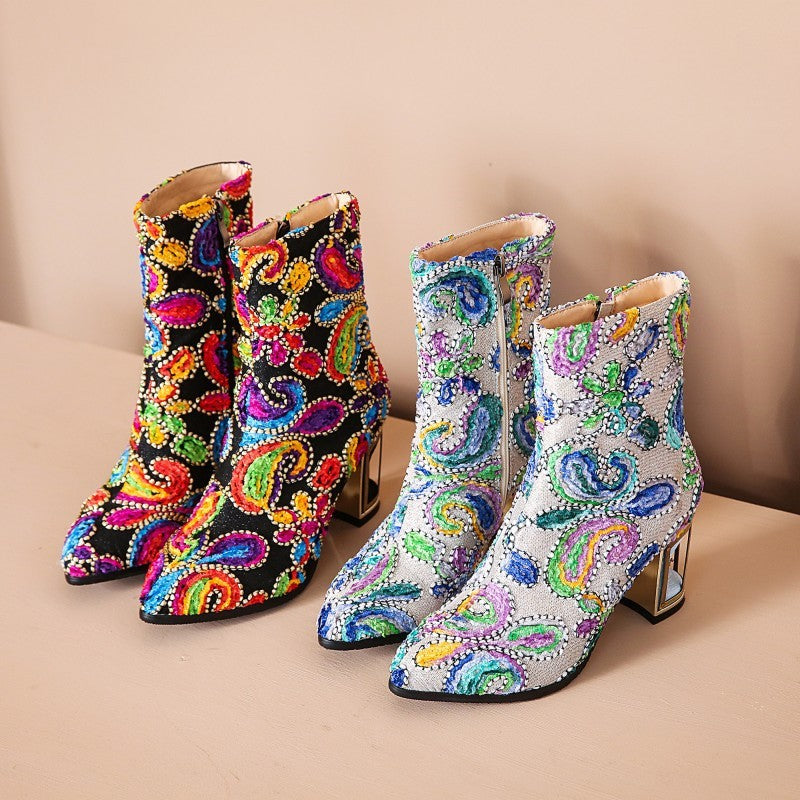 Paisley Floral Print Leather Women's Pointed Toe Metal Platform Heel Ankle Boots