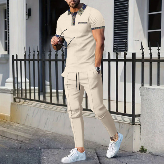 Men's Waffle Pattern Floral Turn-Down Collar Short Sleeve Polo Shirt + Drawstring Pocketed Pants 2-Piece Set