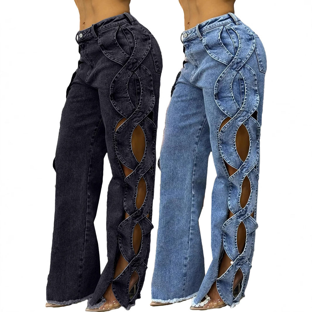 Denim Faded Washed Criss-Cross Side Hollow-Out Pattern Women's Jeans
