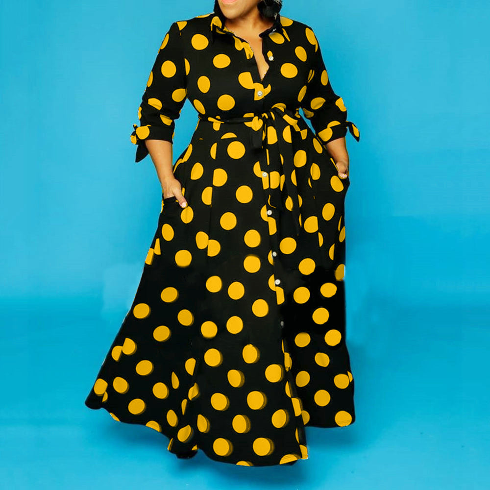 Polka Dot Print Button-Up Long Sleeve Maxi Dress w/ Sash Belt to 7X Plus Size