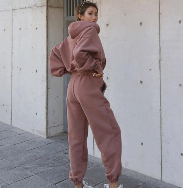 Solid Color Women's Casual Hoodie + Sweatpants Tracksuit
