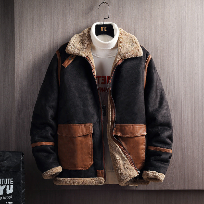 Men's PU Leather Colorblock Velvet Fleece Lined Jacket