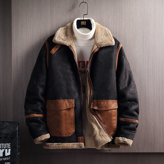 Men's PU Leather Colorblock Velvet Fleece Lined Jacket
