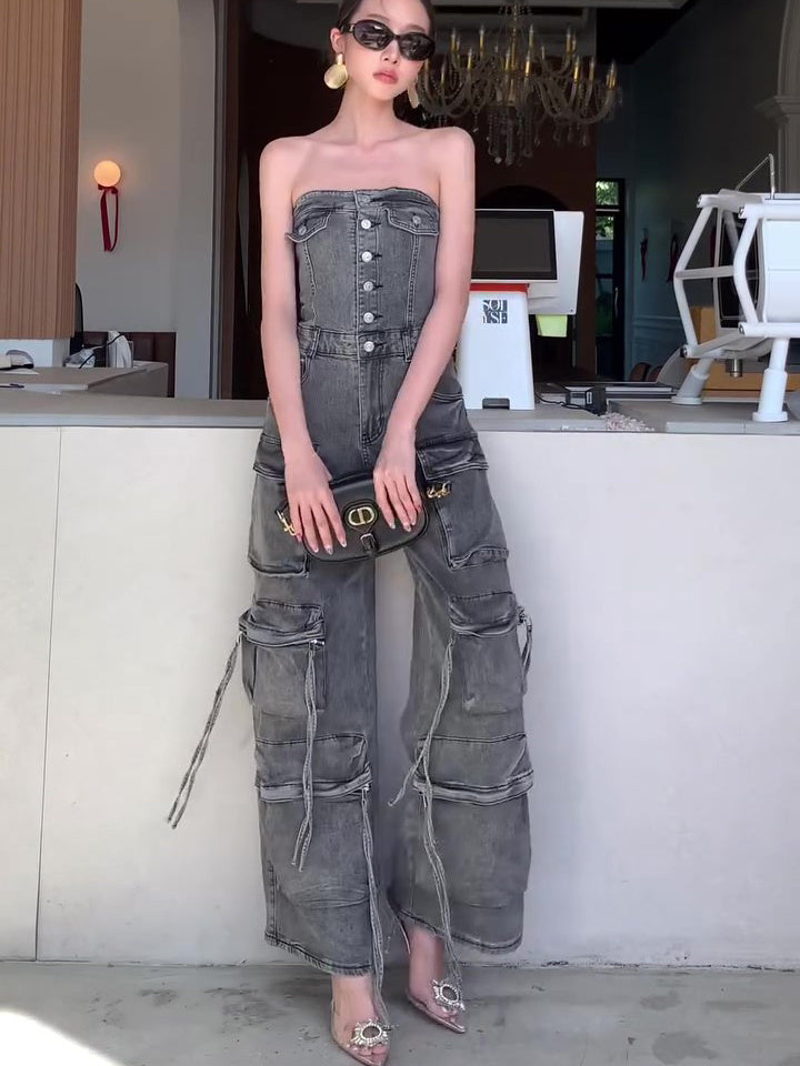 Denim Black Washed Multi-Pocketed Tube Top Sleeveless Women's Cargo Jeans Jumpsuit