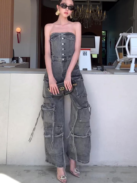 Denim Black Washed Multi-Pocketed Tube Top Sleeveless Women's Cargo Jeans Jumpsuit