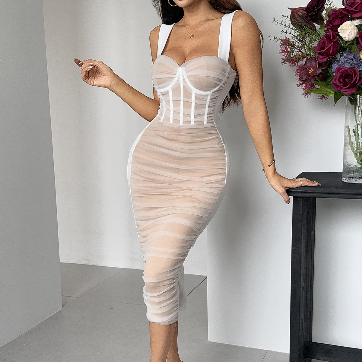 Bodycon Ruched Ruffled Hem Sleeveless Layered Patchwork Sheer Mesh Corset Design Formal Party Dress