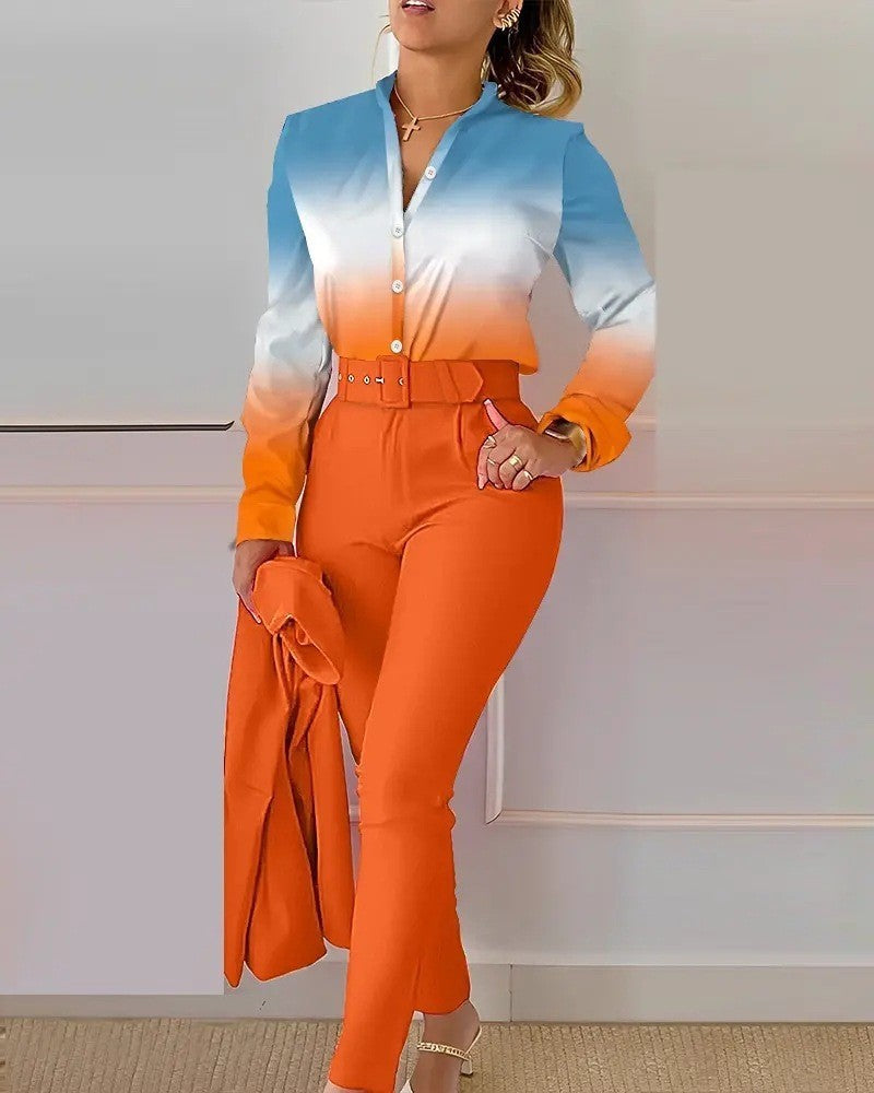 Floral/Geometric/Baroque/Colorblock Gradient Print Long Sleeve Blouse + Solid Color Pants w/ Belt 2-Piece Office Attire Set