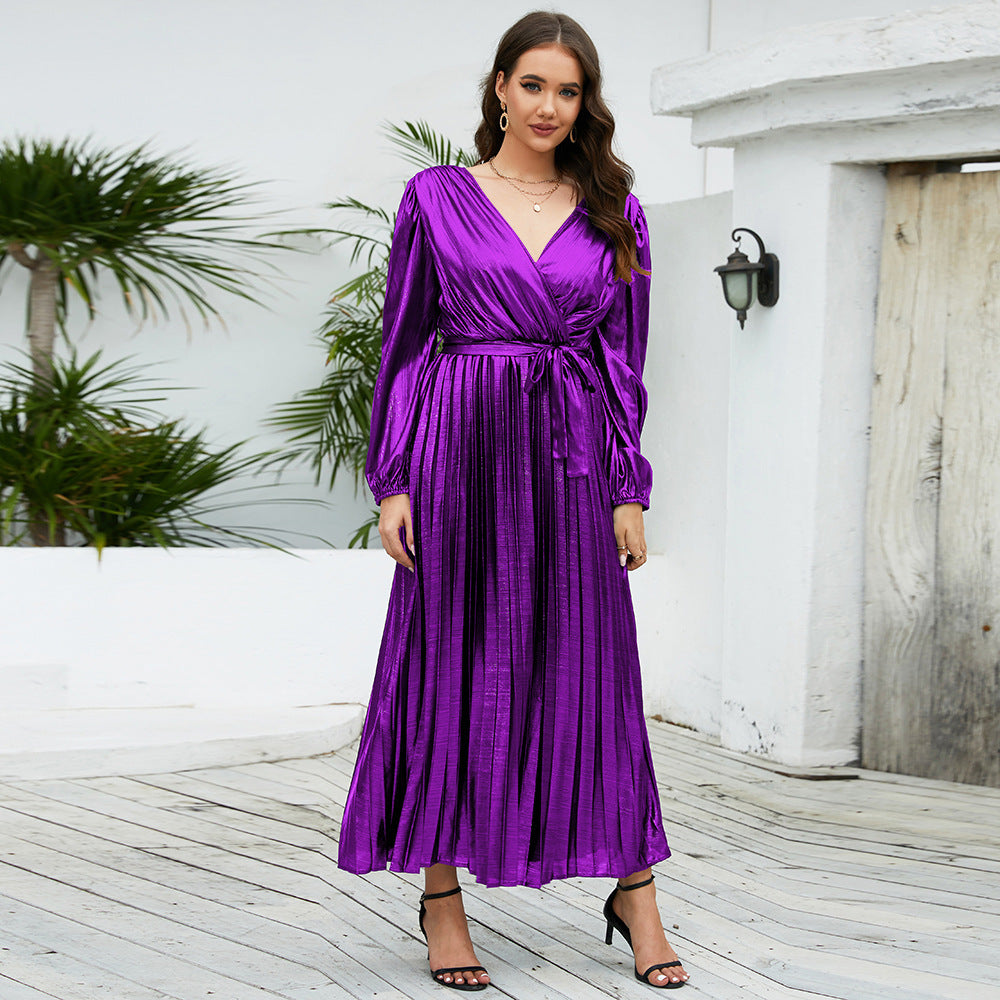 Shiny Pleated V-Neck Long Sleeve Sash Belted Maxi Dress