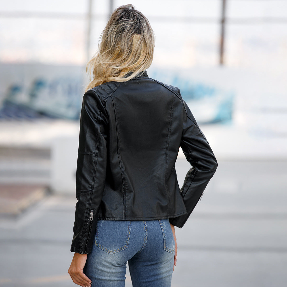PU Leather Solid Color Stand Collar Women's Zipper Biker Jacket