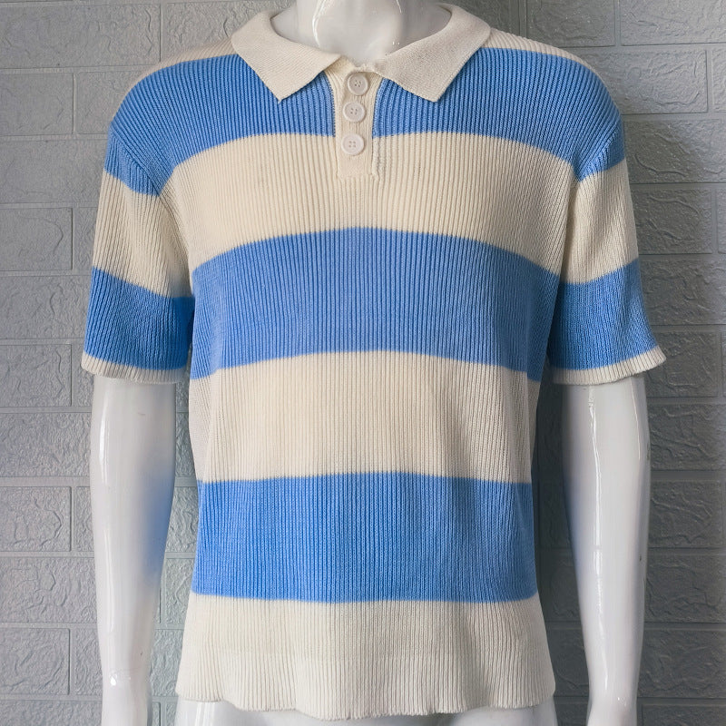 Men's Ribbed Knitted Striped Short Sleeve Turn-Down Collar Sweater Polo Shirt