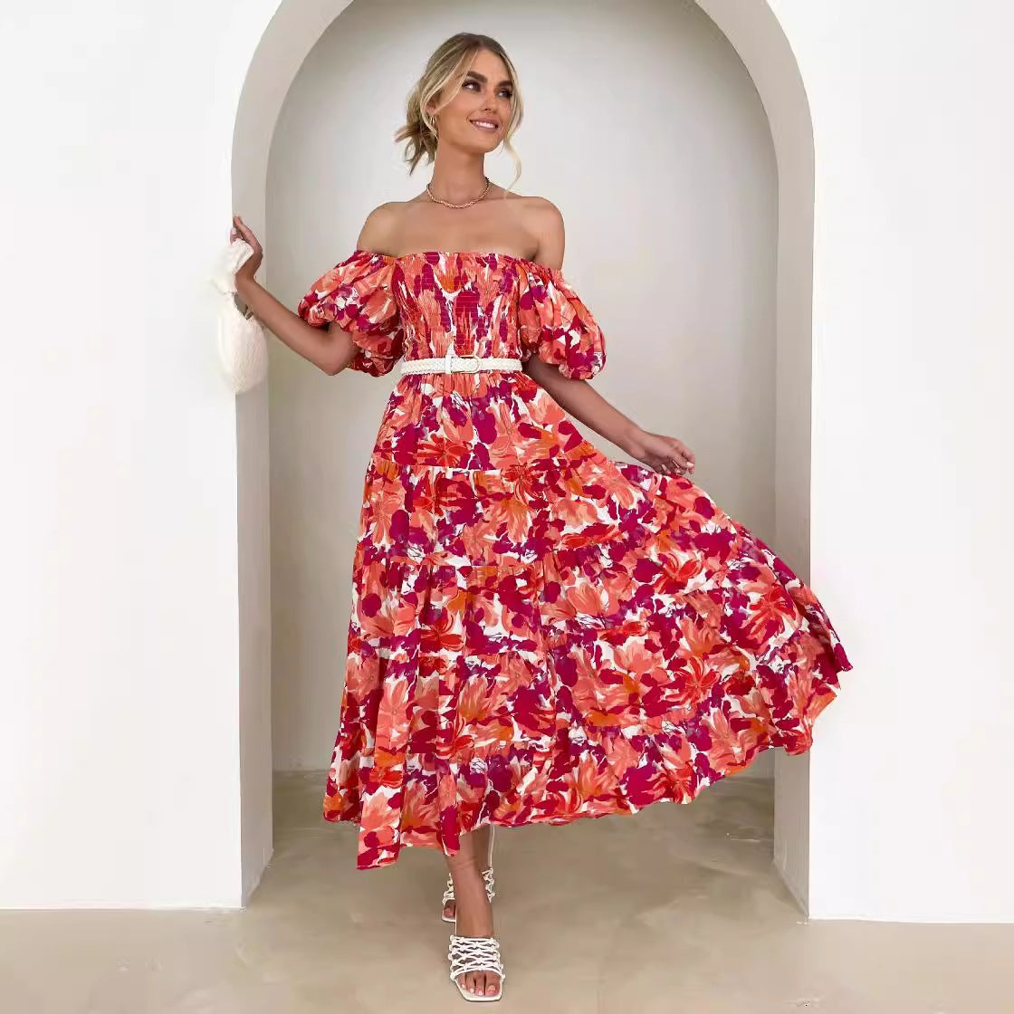 Flower Print Tiered Short Bubble Sleeve High Waist Off-the-Shoulder Bohemian Maxi Dress