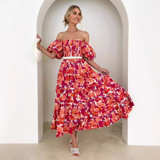 Flower Print Tiered Short Bubble Sleeve High Waist Off-the-Shoulder Bohemian Maxi Dress