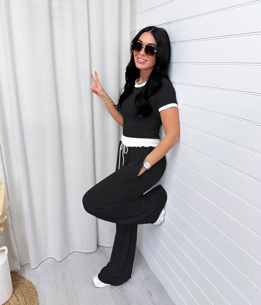 Side Striped Colorblock O-Neck Women's Short Sleeve T-Shirt + Drawstring Wide Leg Pants 2-Piece Set