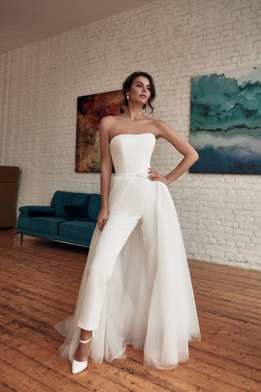 Oversized White Tube Top Sleeveless Women's Skinny Formal Bridal Wedding/ Party Pants Jumpsuit w/ Detachable Sweep Train