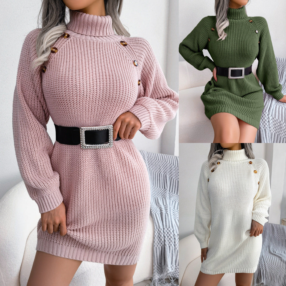 Turtleneck Knitted Solid Color Long Sleeve Button Design Sweater Dress