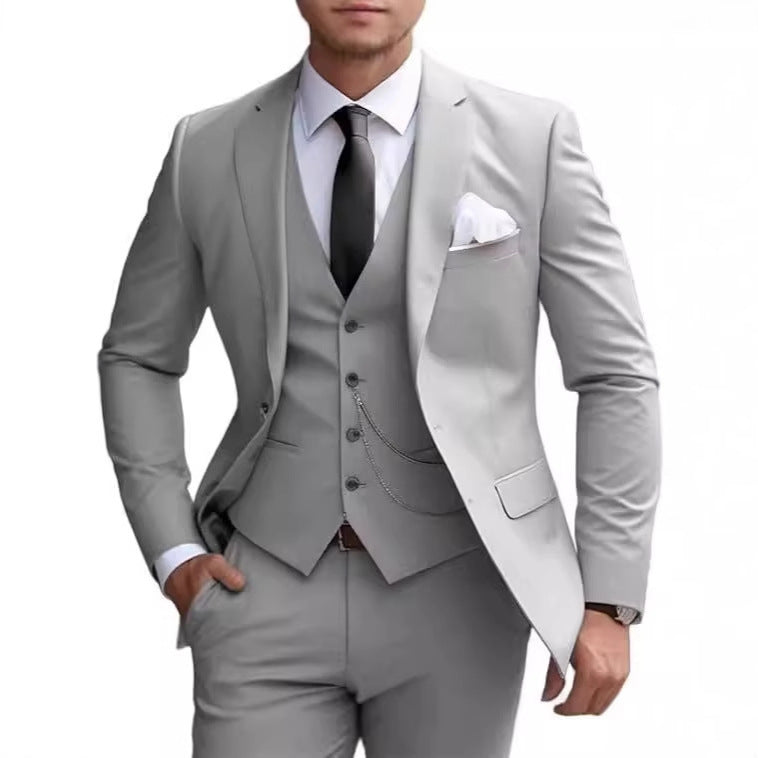 Men's Pocketed Solid Color Single Breasted Blazer w/ Button-Up Vest & Pants 3-Piece Formal Suit
