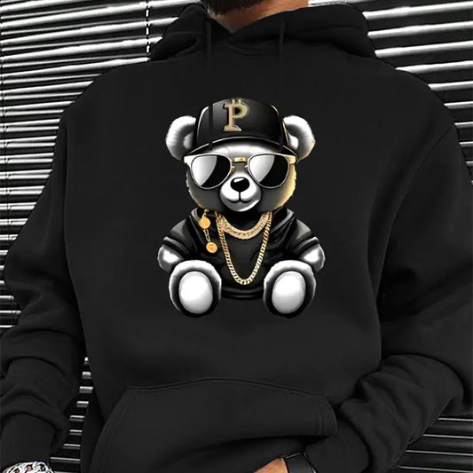 Men's Hip-Hop Teddy Bear Print Long Sleeve Fleece Hoodie Sweatshirt