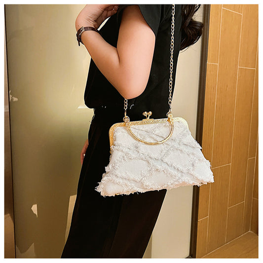 Washed Ripped Denim Jean Stitched Rhombus Clip Gold Chain Shoulder Strap Messenger Purse