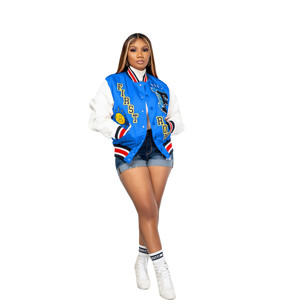 Floral Hip-Hop Design Women's Button-Up Baseball Varsity Bomber Jacket