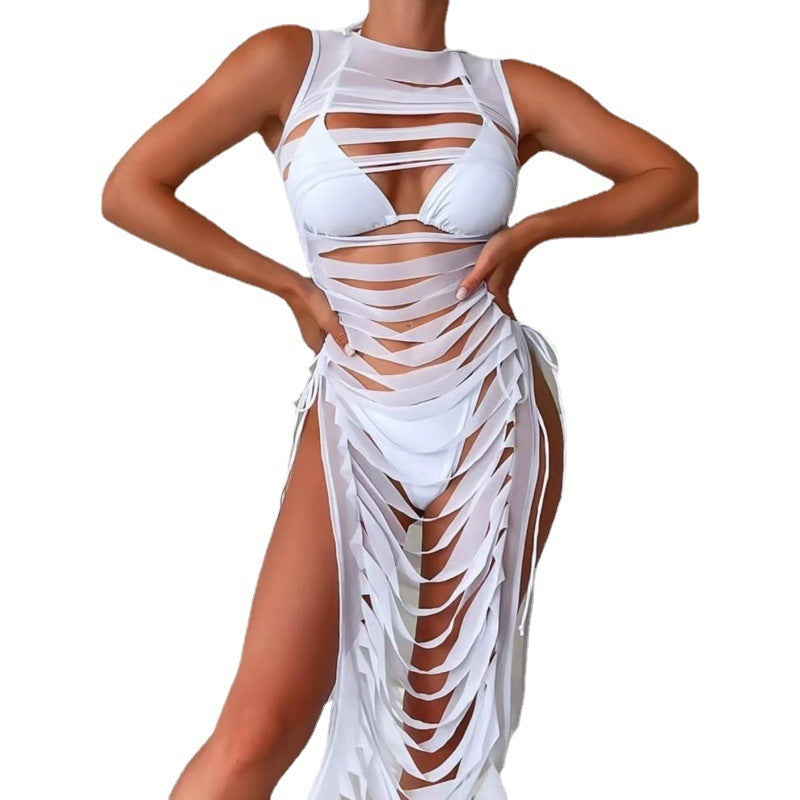 3-Piece Set: Ripped Fringe Sleeveless Hollow-Out Solid Color Swimsuit Cover-Up w/ Bikini Swimsuit