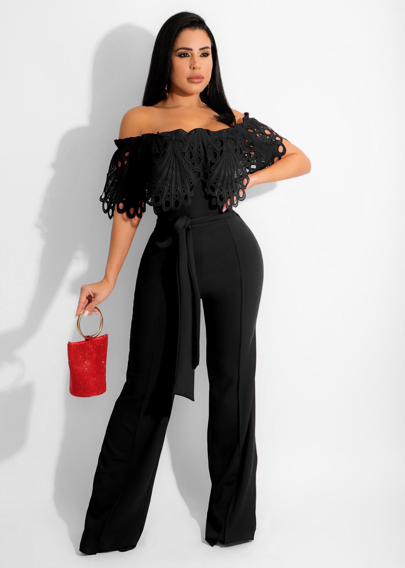 Ruffled Women's Off-the-Shoulder Sash Belted Jumpsuit