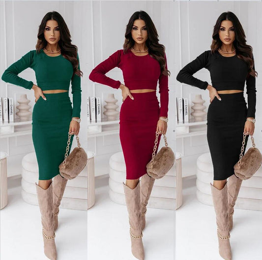 Casual O-Neck Solid Color Long Sleeve Crop Top+ Matching Midi Skirt Women's 2-Piece Set