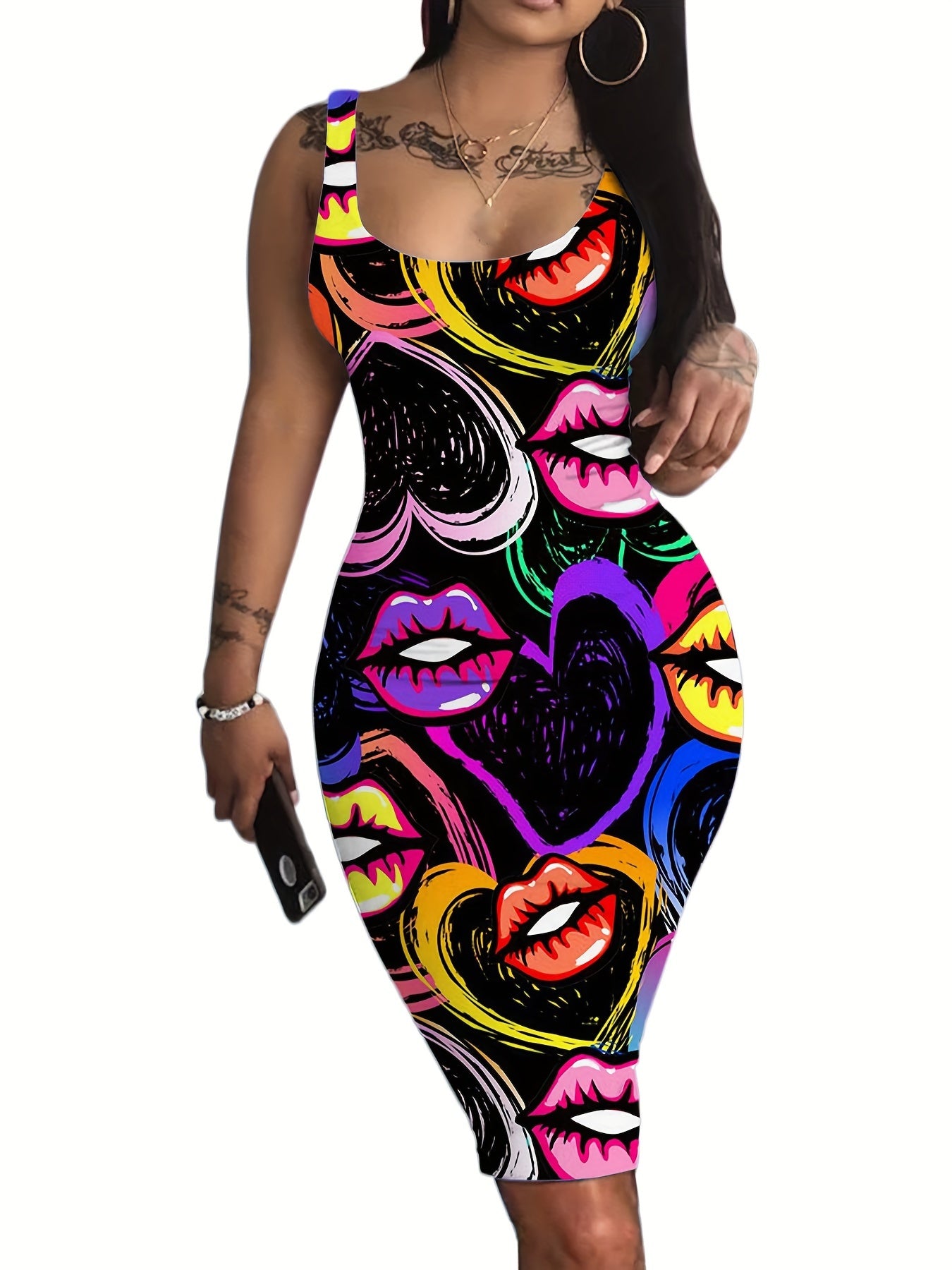 Leopard/Geometric/Heart Lip Print Sleeveless Tank Midi Dress