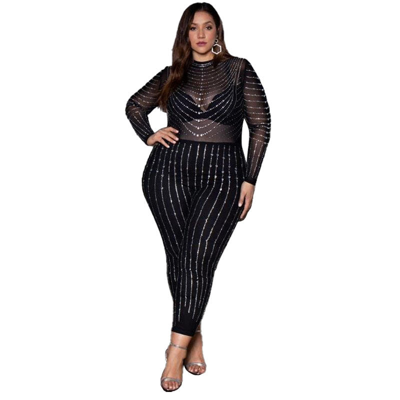 Crystal Rhinestone Black Mesh Metallic Striped Transparent Long Sleeve Skinny Fit Jumpsuit to 5X Plus