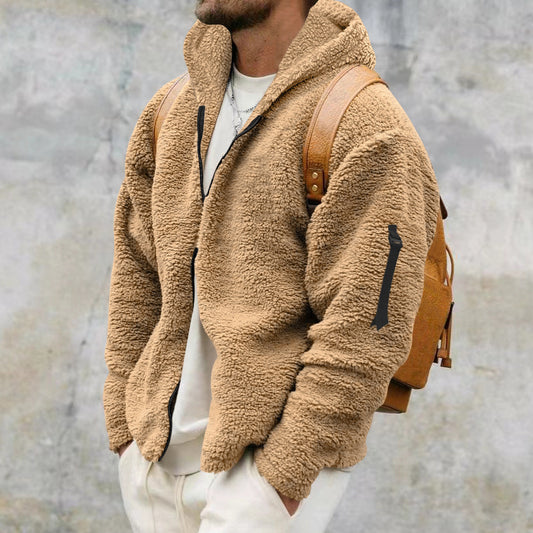 Men's Zipper Sleeve Design Plush Fleece Solid Color Reversible Teddy Hoodie Jacket