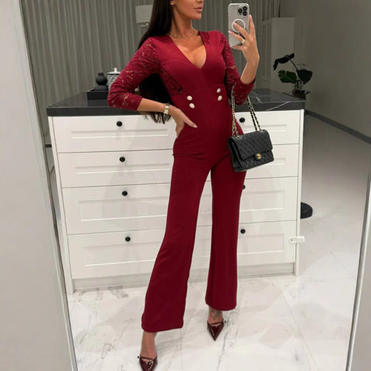 Double Button Design Long Sleeve Women's V-Neck Business Blazer Jumpsuit