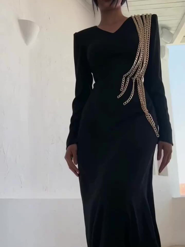 Black Long Sleeve Tassel Silver Chain Design Formal Maxi Dress