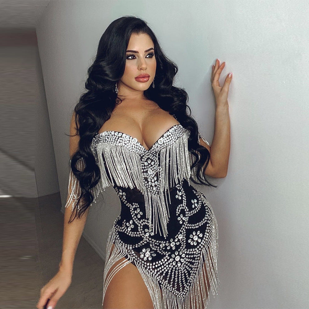 Silver/Black Metallic Rhinestone Tassel Fringe Design Sleeveless Spaghetti Strap Formal Party/Prom Dress