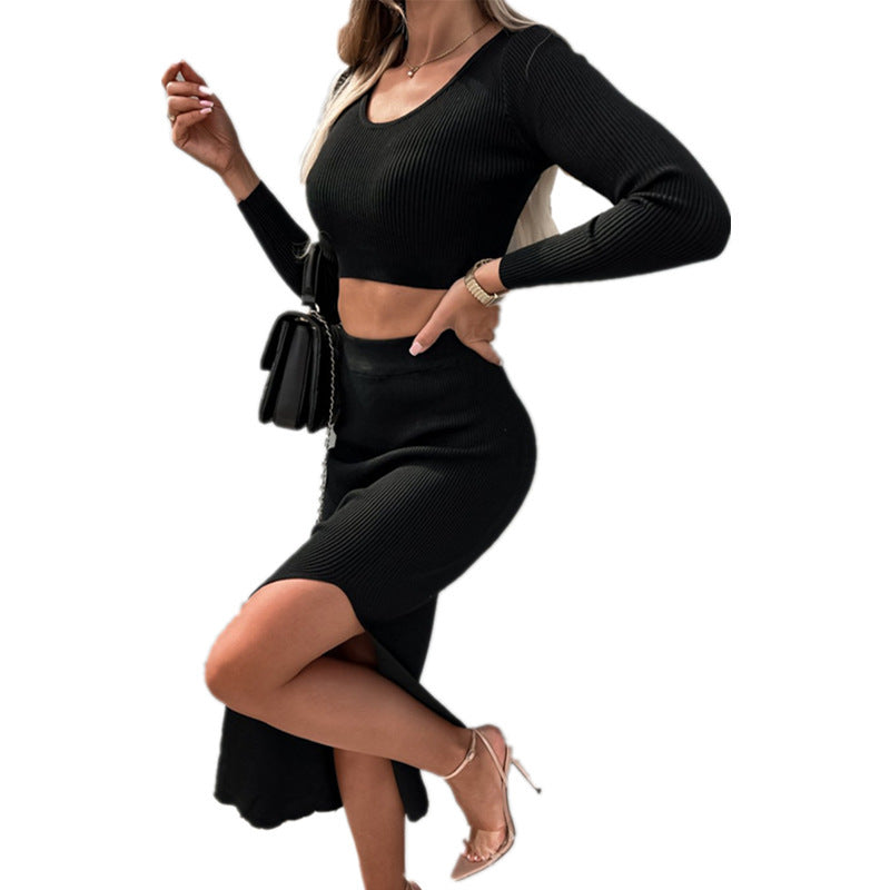 Ribbed Solid Color Long Sleeve Crop Top+ High Slit Maxi Skirt 2-Piece Set