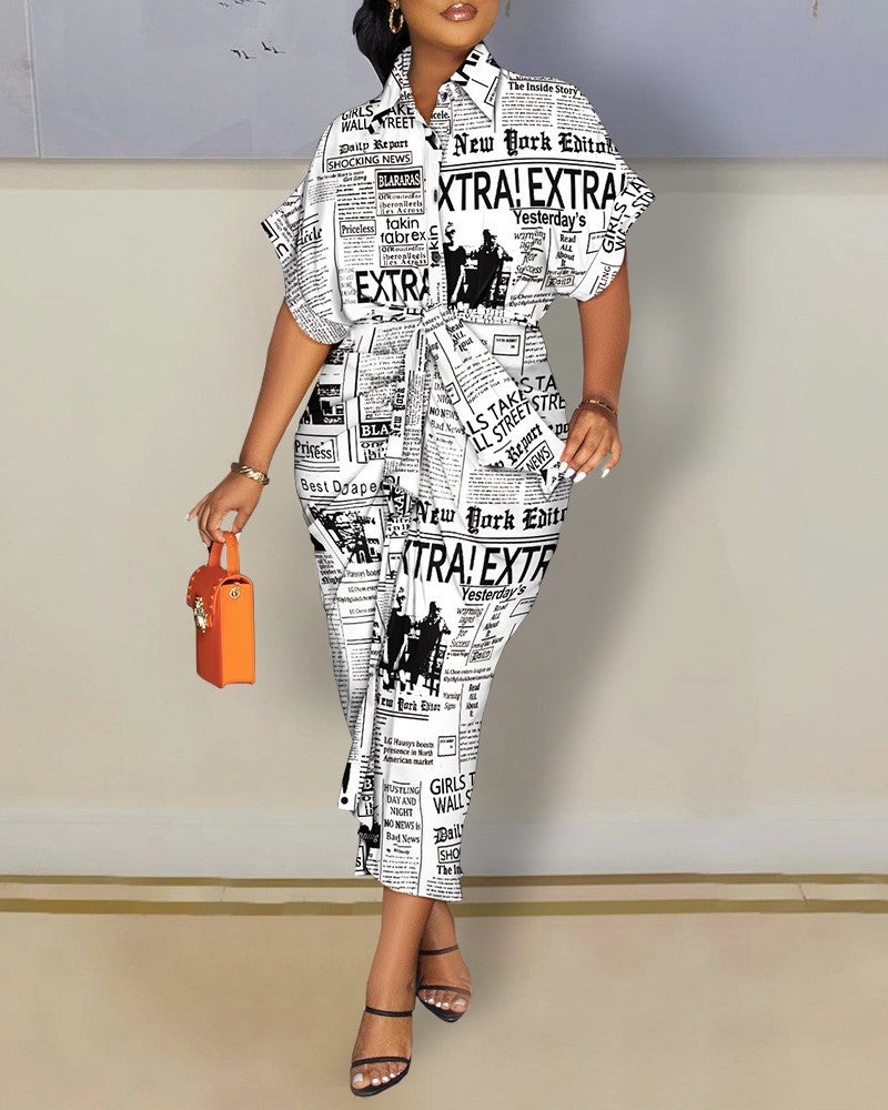 Baroque/Floral/ Geometric/Newspaper Printed Turn-Down Collar Long Sleeve V-Neck Button-Up Maxi Shirt Dress