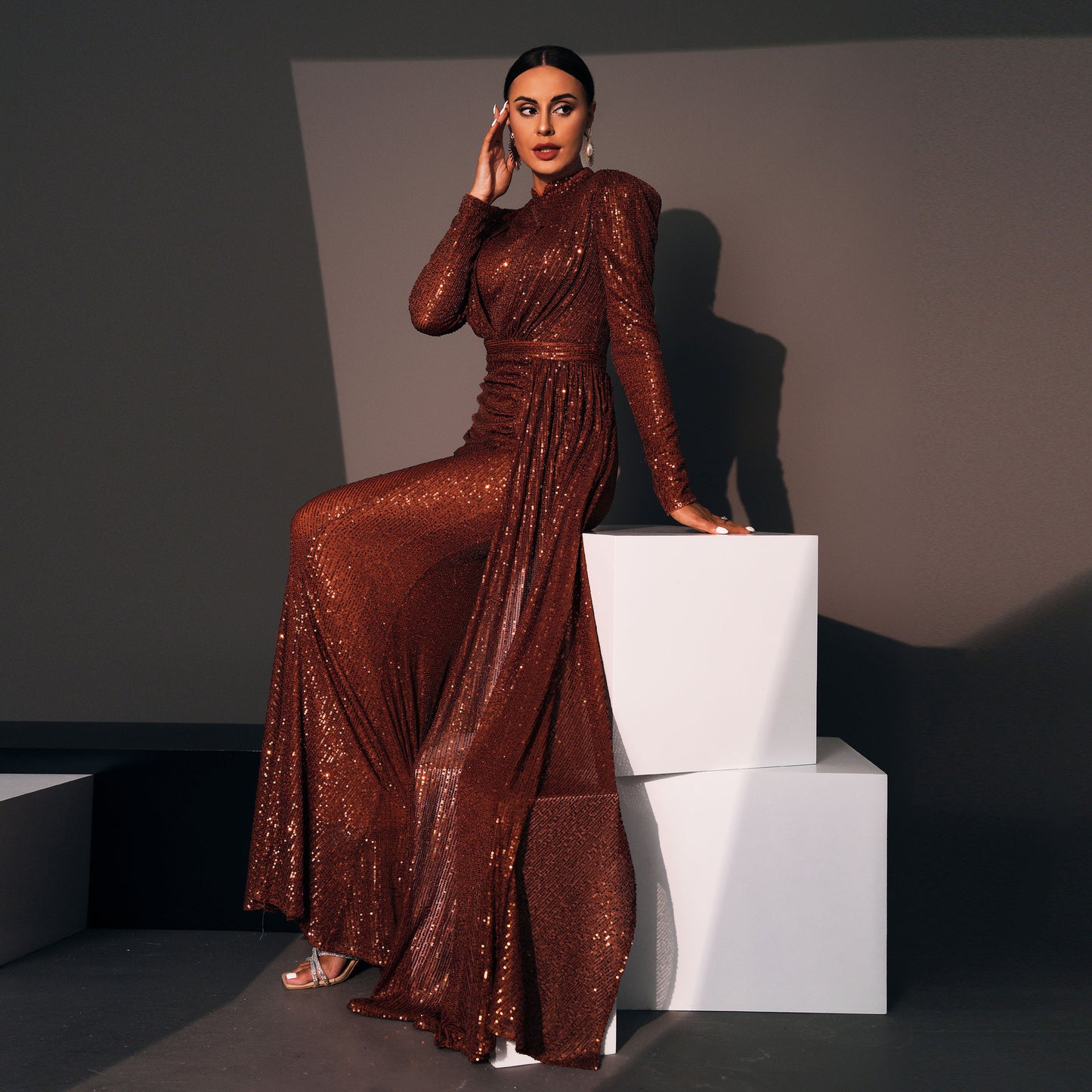 Glitter Sparkling Sequin Design Ruched Pleat3d Long Sleeve O-Neck Formal Floor-Length Dress