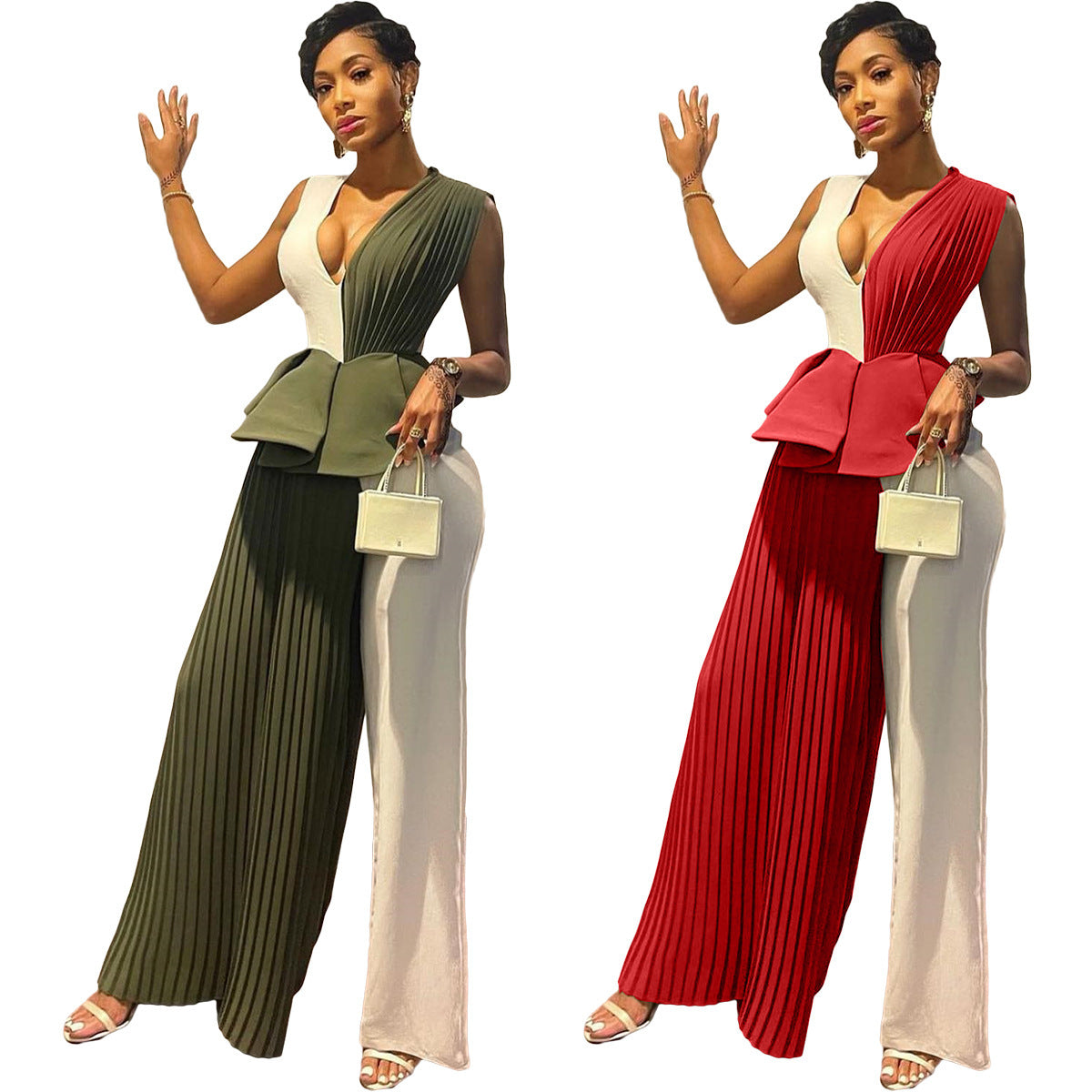 Sleeveless Colorblock Ruffled Pleated Pocketed V-Neck Paneled Wide Leg Formal Women's Party Jumpsuit