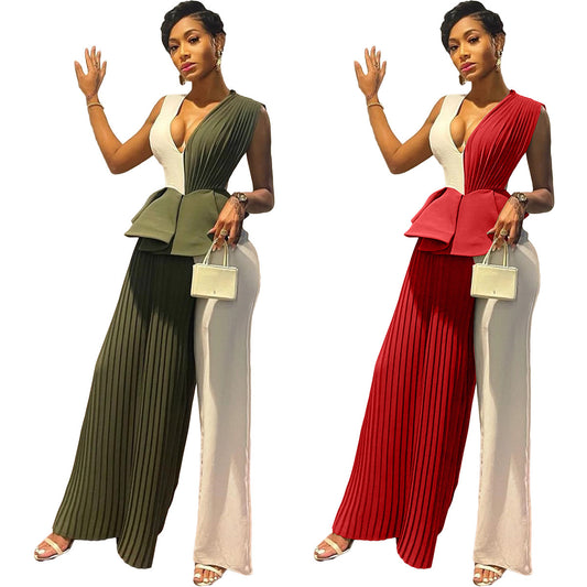 Sleeveless Colorblock Ruffled Pleated Pocketed V-Neck Paneled Wide Leg Formal Women's Party Jumpsuit