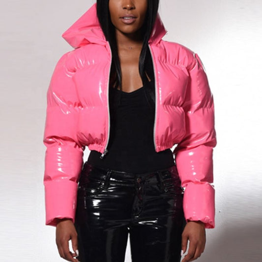Glossy Hip-Hop Faux Leather Cropped Women's Down Cotton Puffer Hoodie Jacket