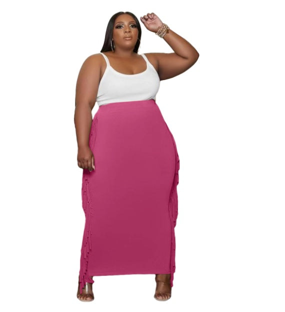 Tassel Fringe Design Solid Color Elastic Waist Maxi Skirt to 5X Plus Size