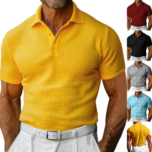 Men's Waffle Pattern Turn-Down Collar Short Sleeve Polo Shirt