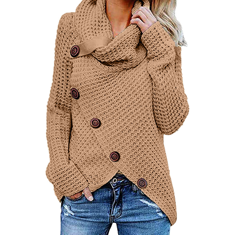 Turtleneck Button Design Long Sleeve Irregular Knitted Sweater