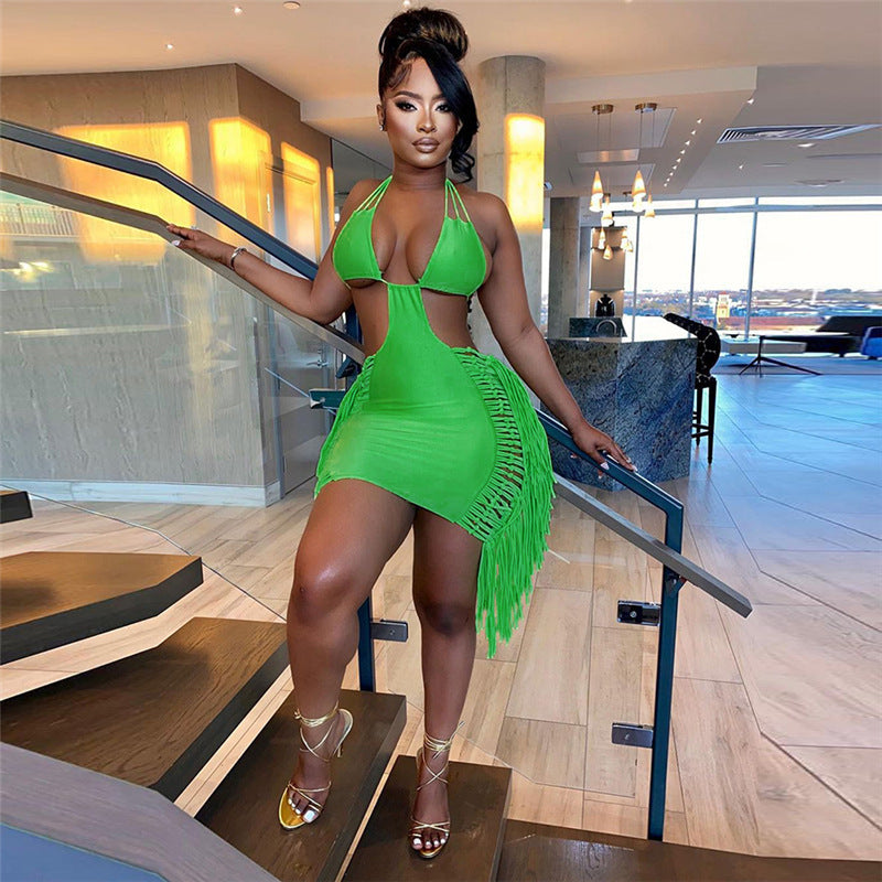 Sleeveless Tassel Fringe Design Halter Backless Hollow-Out Skinny Mini Dress