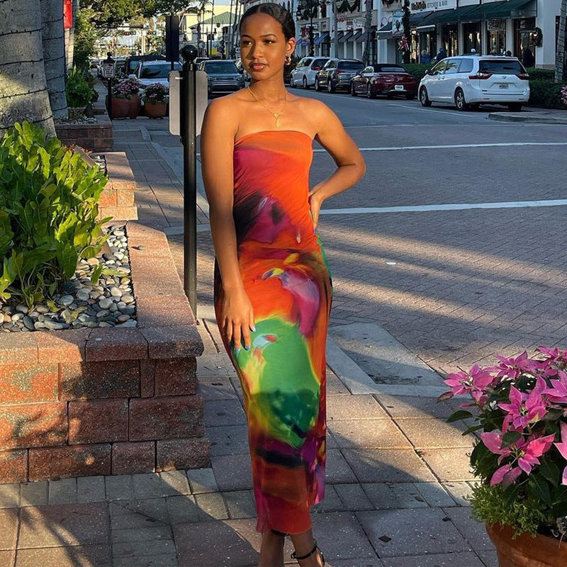 Strapless Tropical Print Irregular Backless Sleeveless Maxi Tube Dress