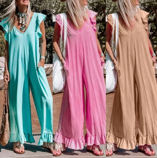 Ruffled Loose Lotus Leaf Casual Sleeveless Pocketed Women's Jumpsuit